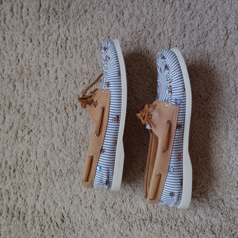 Sperry Women's Tan and Blue Striped Boat Shoes - Picture 4 of 7